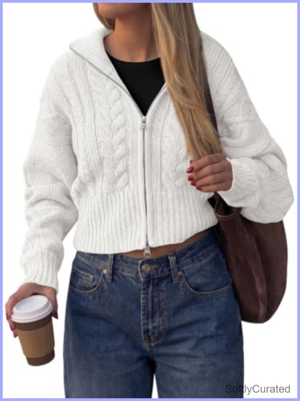 Cable Knit Cropped Cardigan Zip Up Sweater